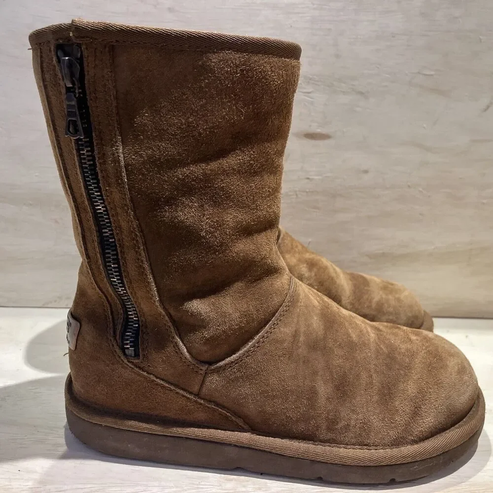 Ugg Womens Classic Boots Slippers Booties Mid Calf Side Zipper Size 7 Chestnut